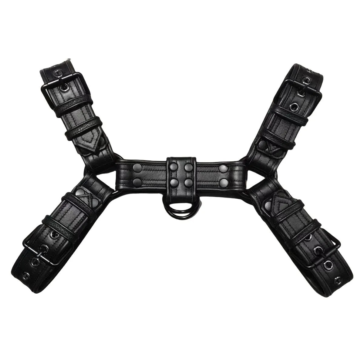 Black leather chest muscle bondage strap with metal buckle and rivet details