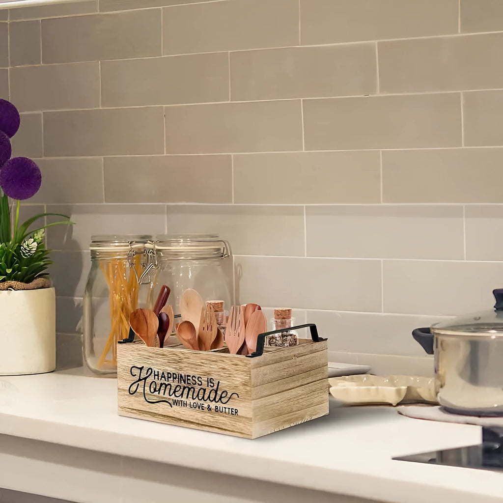 Wooden kitchen storage box with removable grid dividers for organising tableware