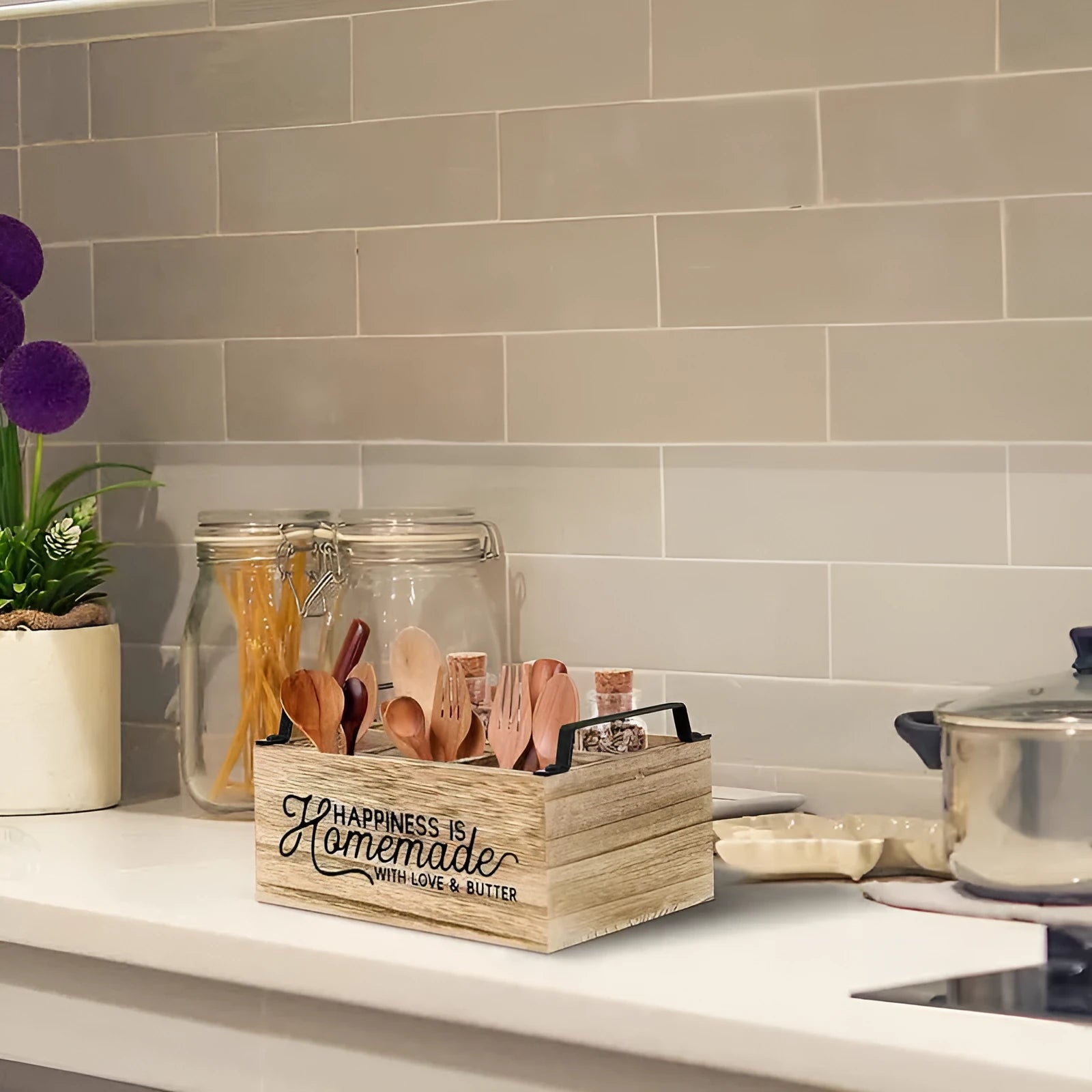 Wooden kitchen storage box with removable grid dividers for organising tableware