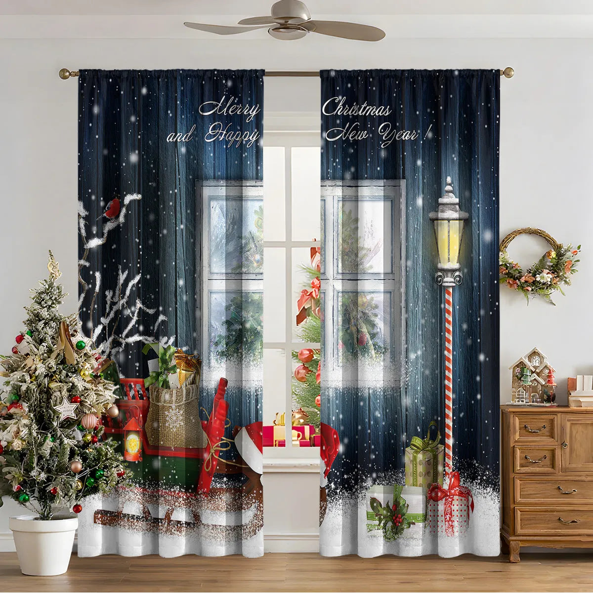 3D digital printed Christmas curtains in polyester fabric with festive patterns