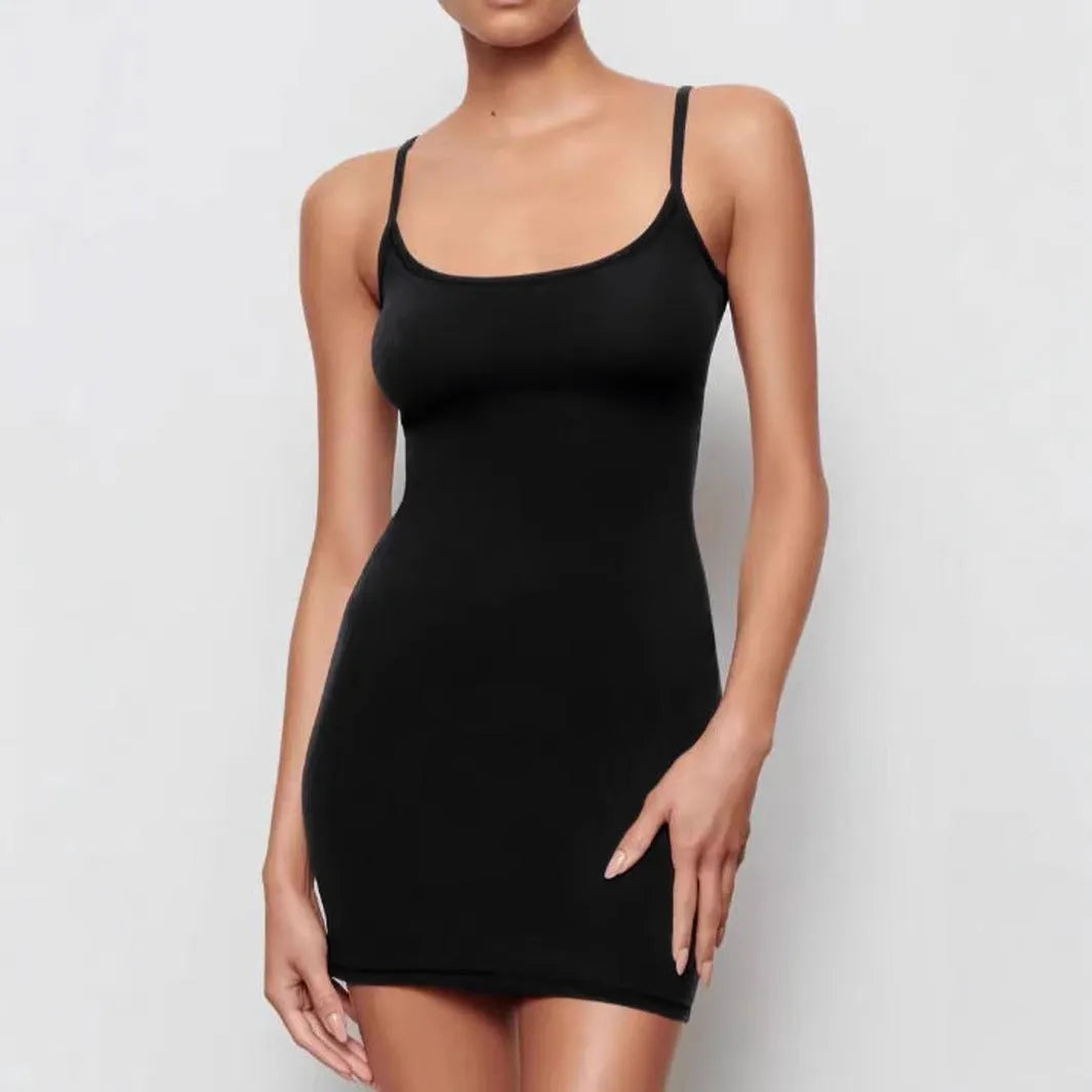 Black polyester sling dress with skinny sheath silhouette and sleeveless design