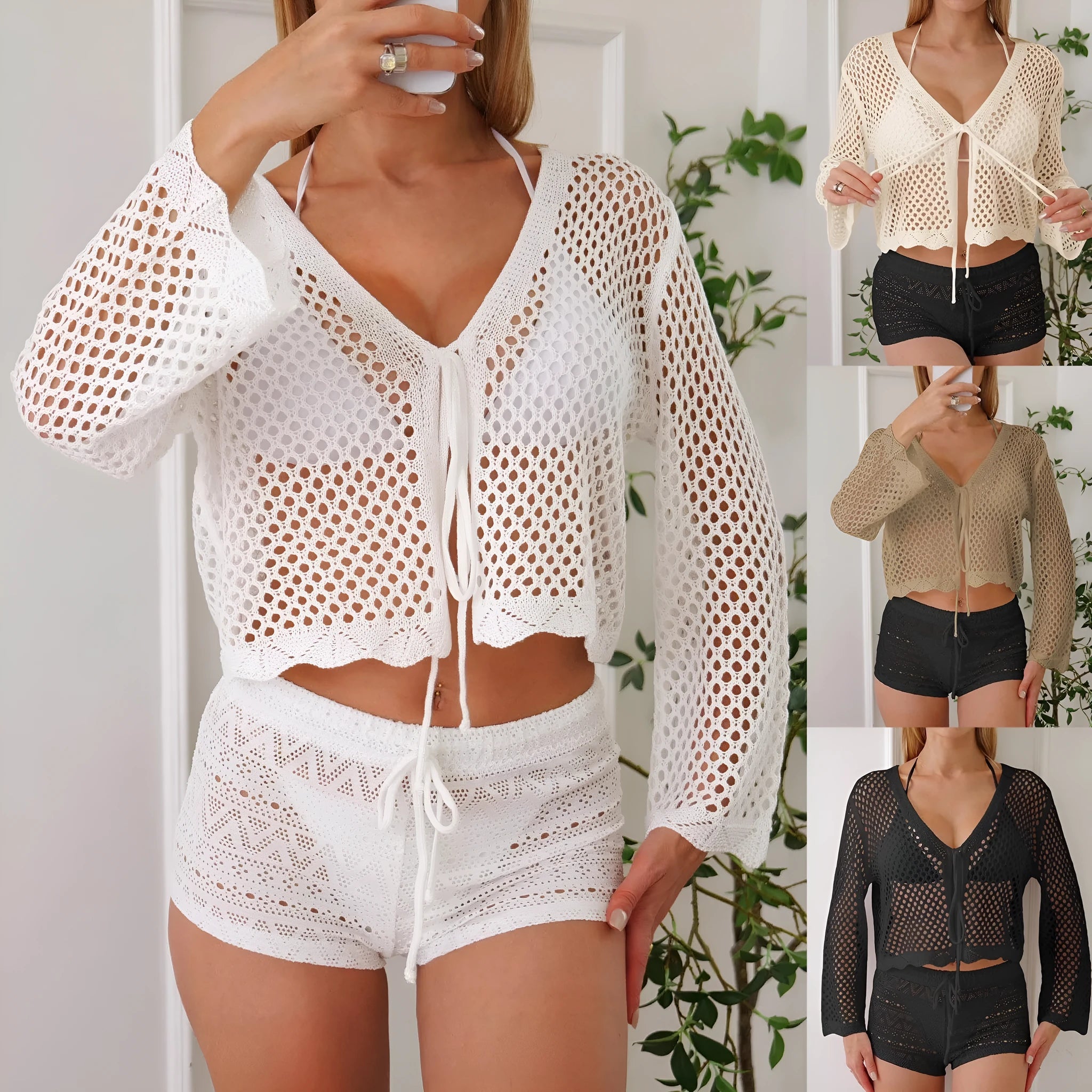 Women's apricot coloured hollow woven blouse with short length and bell sleeves on a hanger.