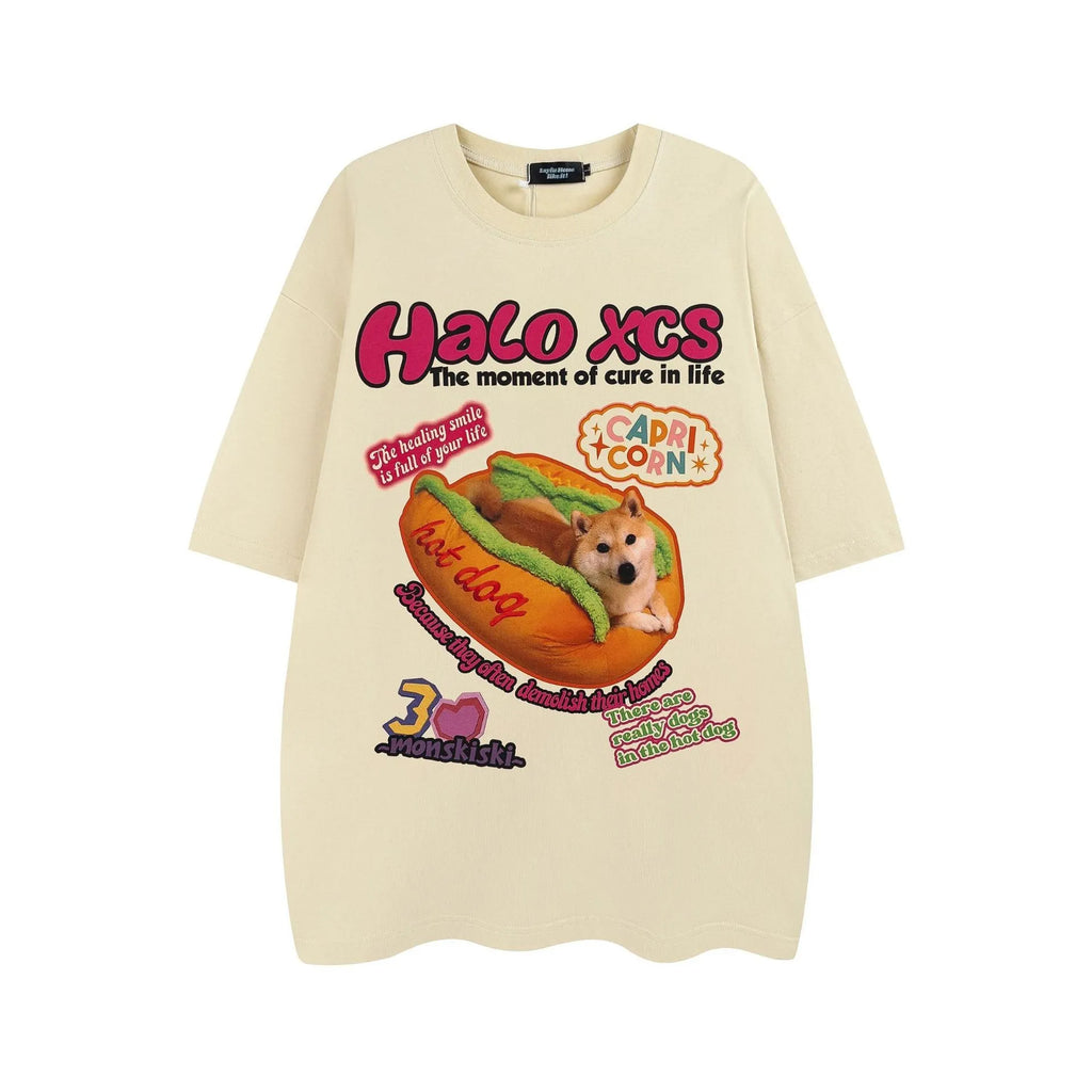 Cartoon hamburger dog printed short-sleeved t-shirt for couples in loose 100% cotton fit.