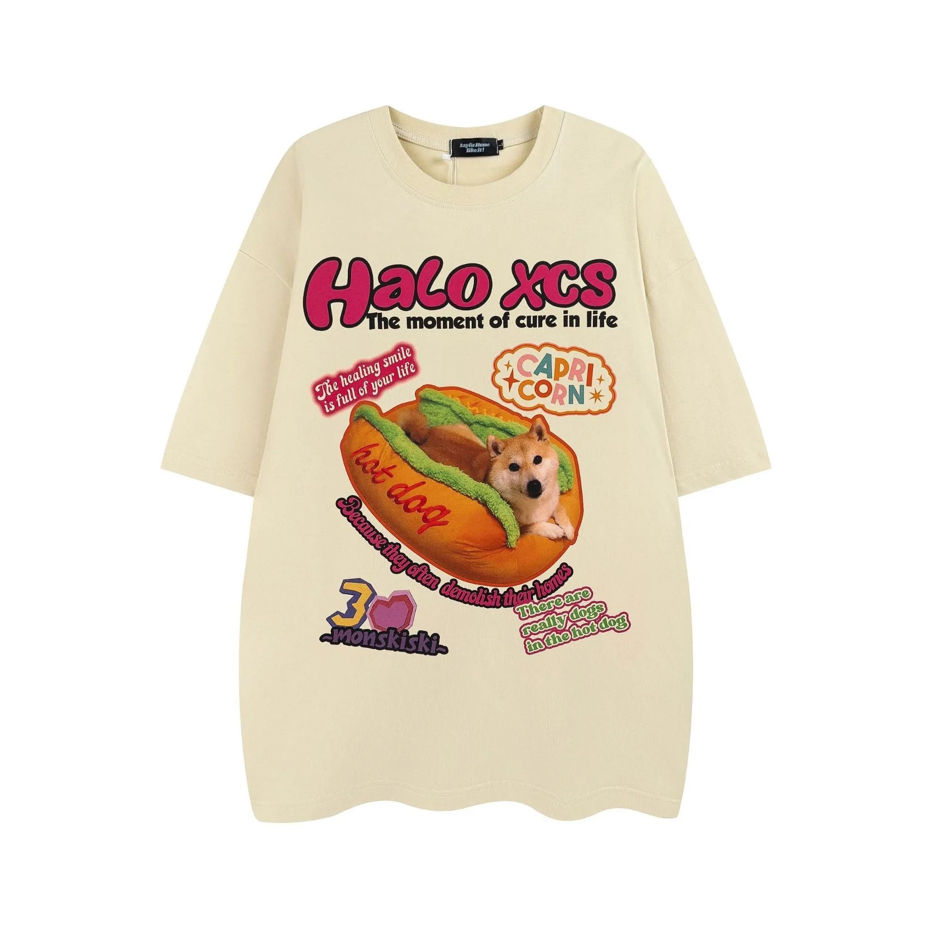 Cartoon hamburger dog printed short-sleeved t-shirt for couples in loose 100% cotton fit.