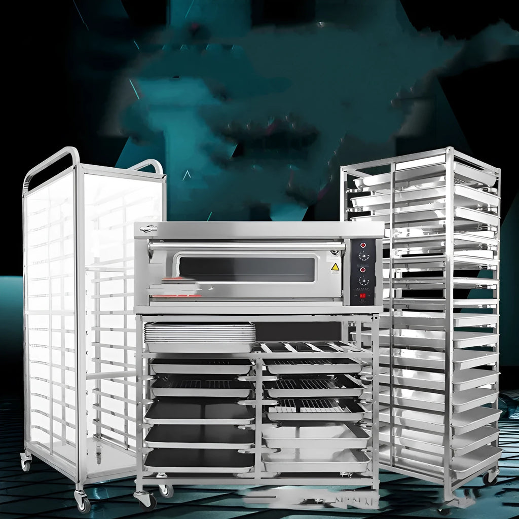 Six-layer stainless steel baking tray rack with locking mechanism for 40x60cm commercial trays