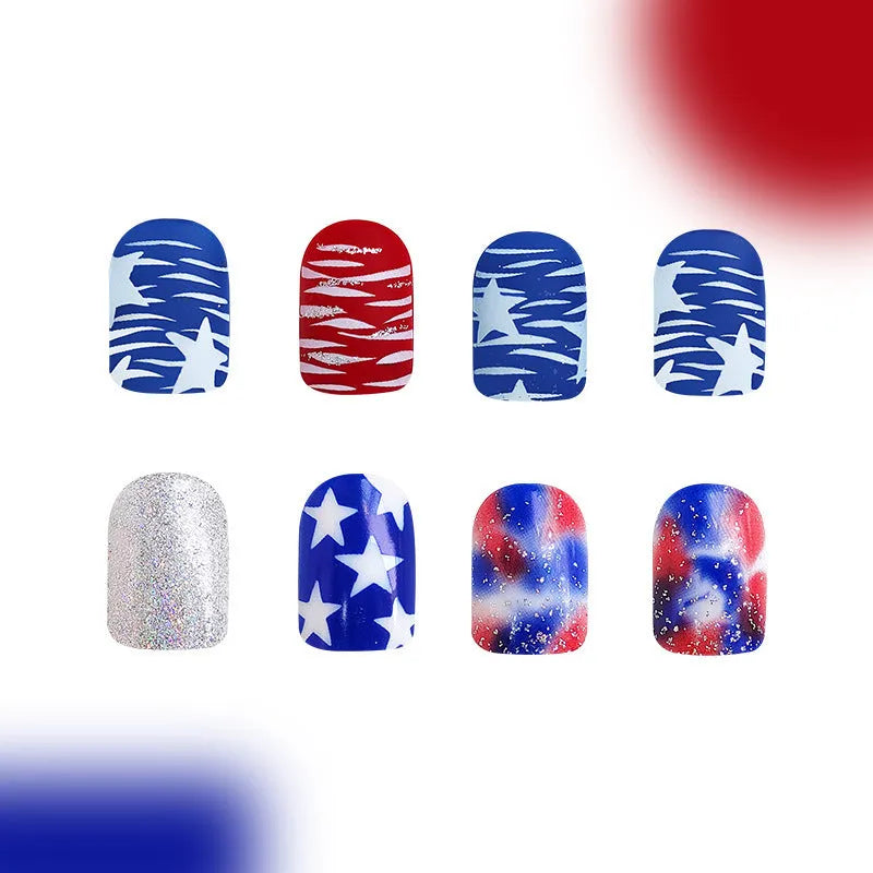 Box of red and blue glitter press-on nail tips with short square shape for Independence Day