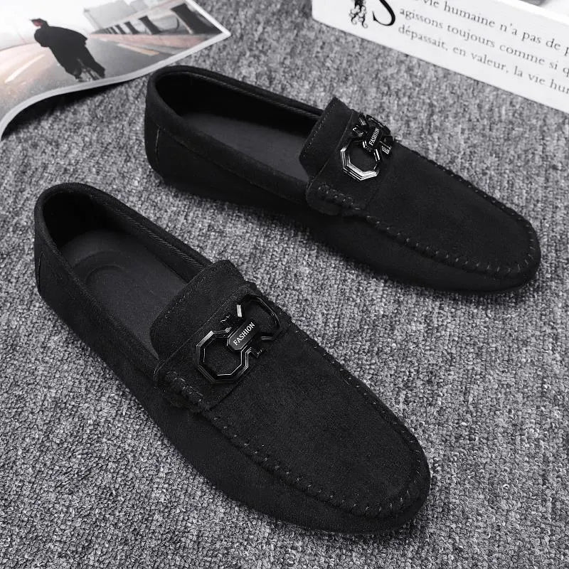 Men's black and grey suede casual shoes with a rubber sole.
