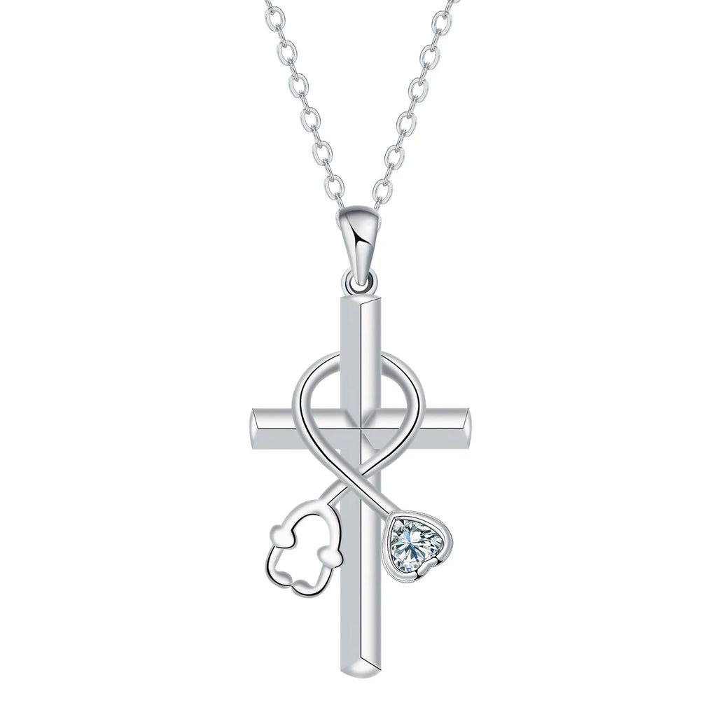 Close-up of a copper stethoscope pendant necklace on a cross chain for medical professionals