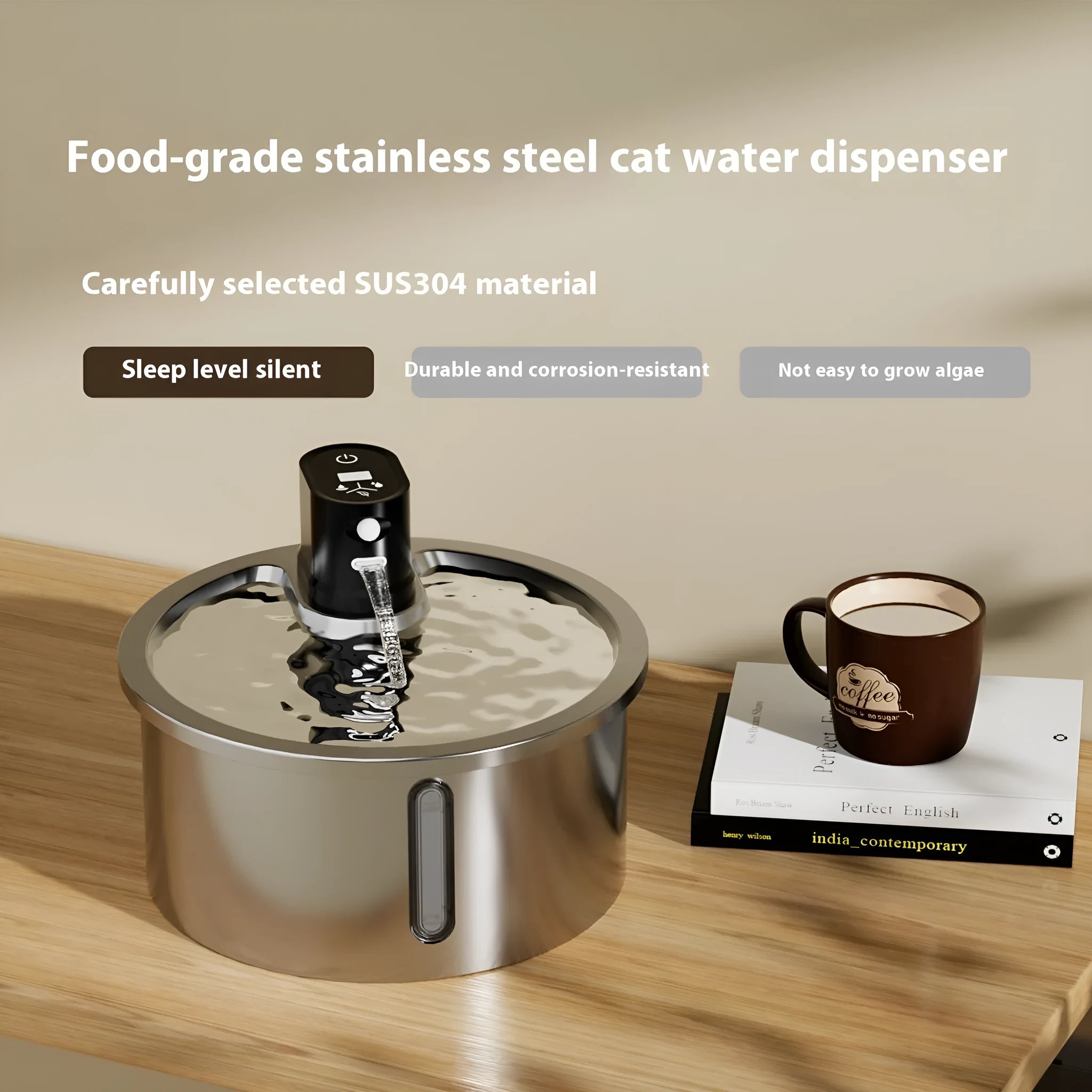 Stainless steel pet water fountain with heating base in black or white colour options