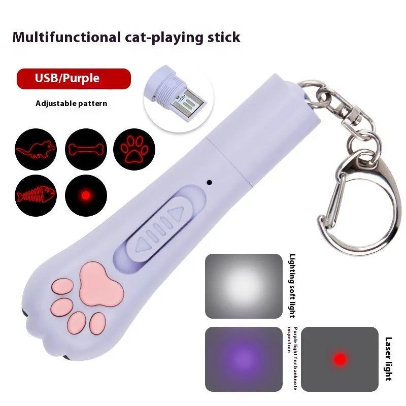 Infrared cat teasing stick toy with moon light lamp and laser patterns in blue, pink, purple, and white colour options