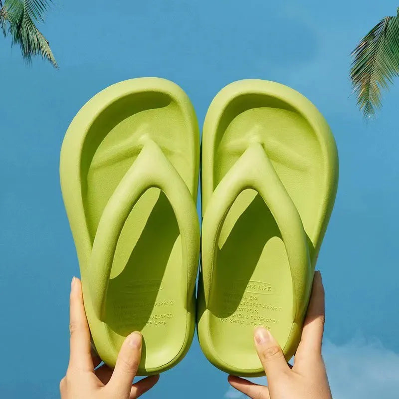 Solid colour EVA flip-flops with thick sole and decorative bow.