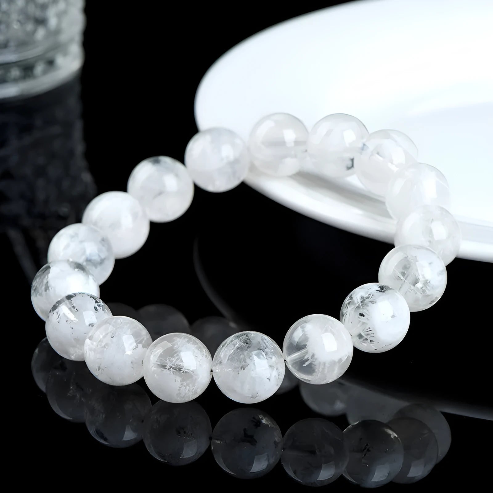 Women's geometric crystal bracelet with natural blizzard snowflake round beads in 5A or 6A colour variations