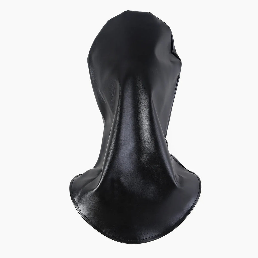 Black leather headgear mask with adjustable straps for adult training and roleplay