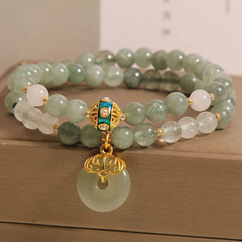 Women's double-layer aventurine jade bracelet with peace buckle in oil green colour
