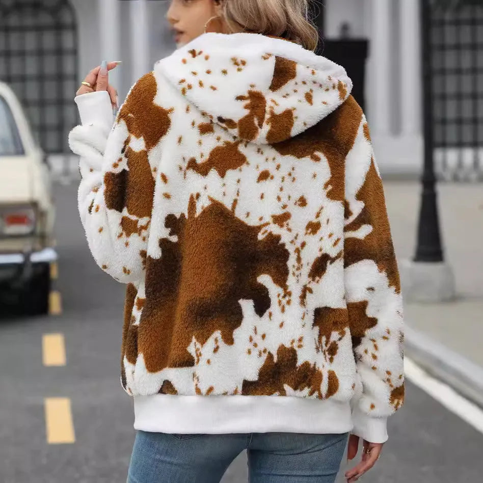 Yellow brown cow animal print hooded cardigan jacket with zipper closure