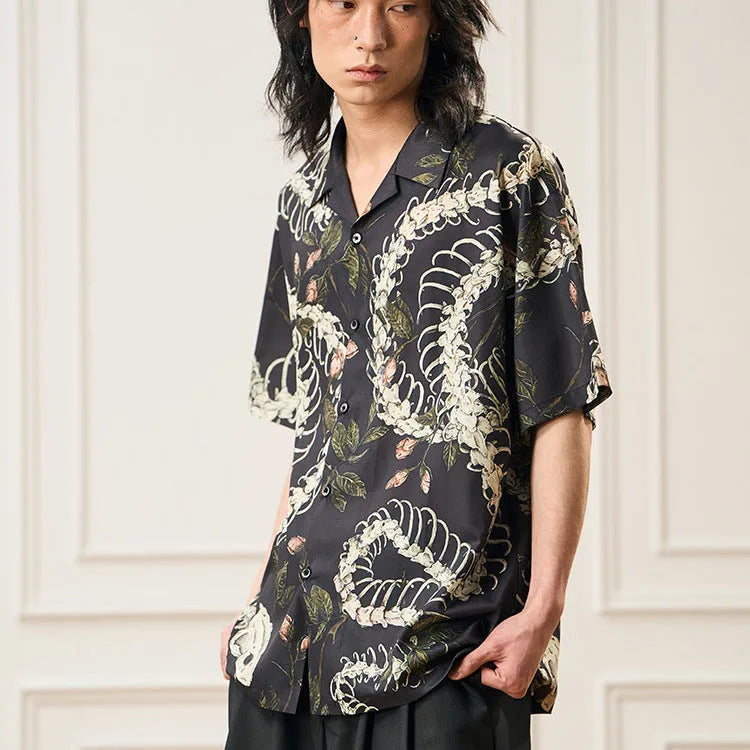 Snake bone pattern printed Cuban collar short sleeve shirt in loose fit design