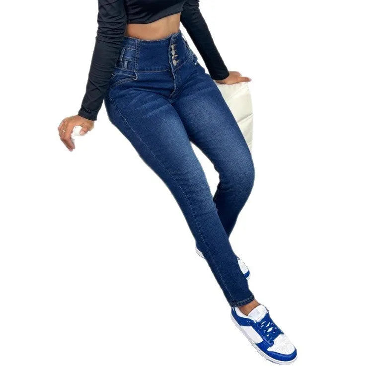 Dark blue women's denim trousers with breasted button front and straight leg cut