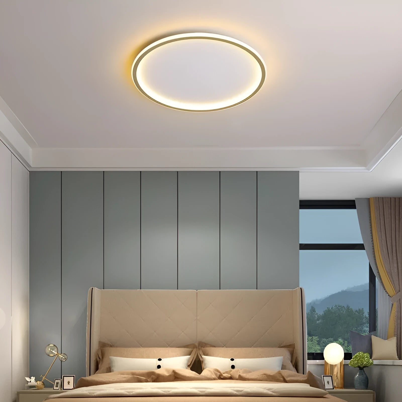 Minimalist flat disc LED ceiling light in black, white or gold finish.