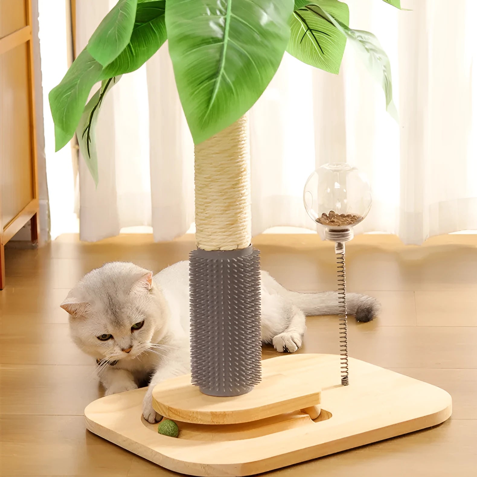 Wooden vertical cat scratching post in Canna colour on a plain background