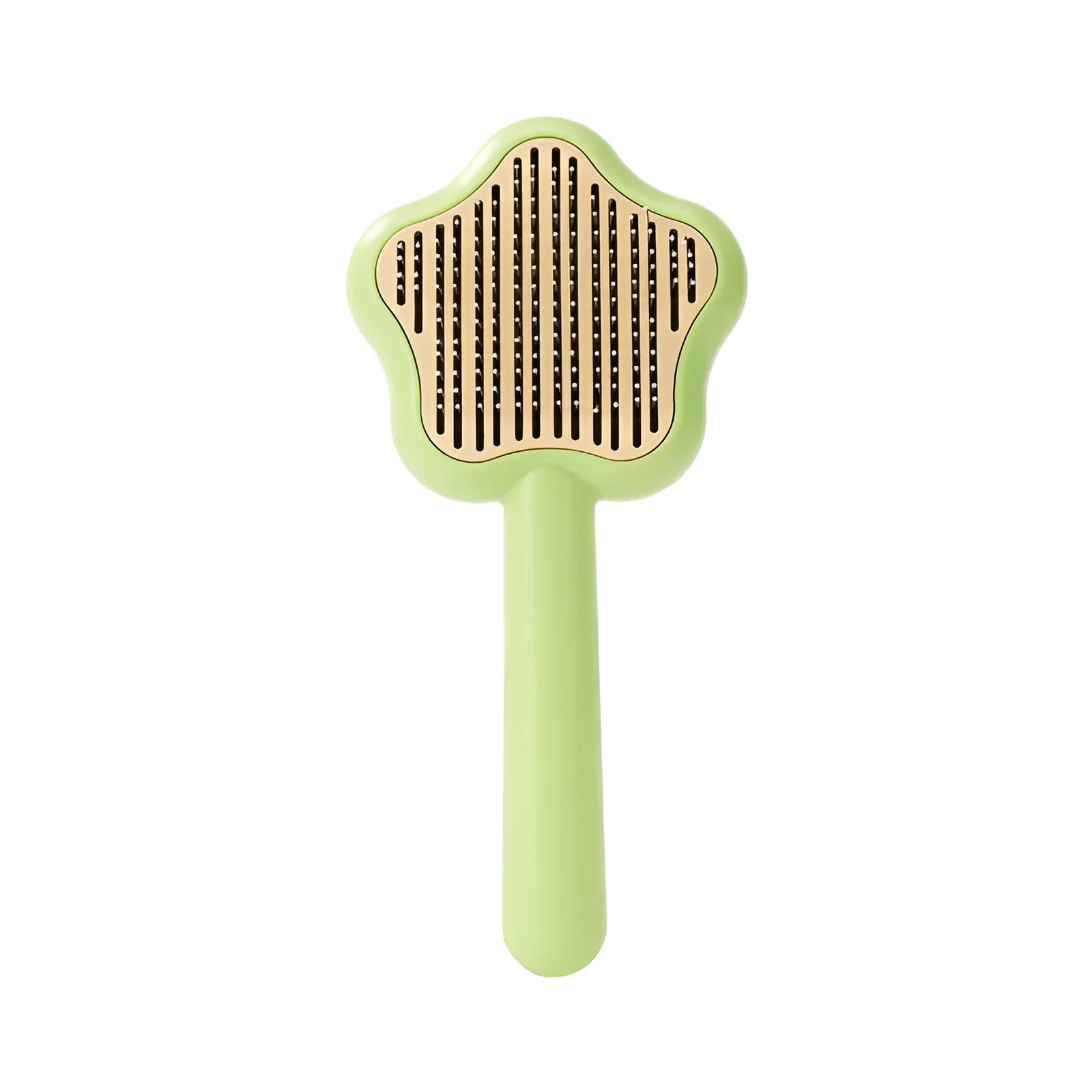 Green self-cleaning stainless steel pet comb with removable needle head on a white background.
