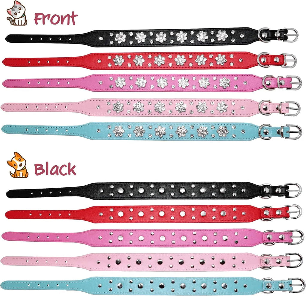 PU leather dog collar with rhinestone flower pattern and metal D-ring on a white background