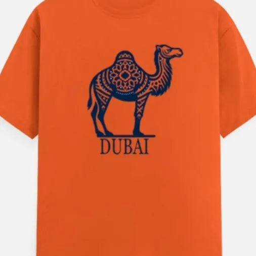 Orange loose fit cotton T-shirt with short sleeves and round neck on a hanger