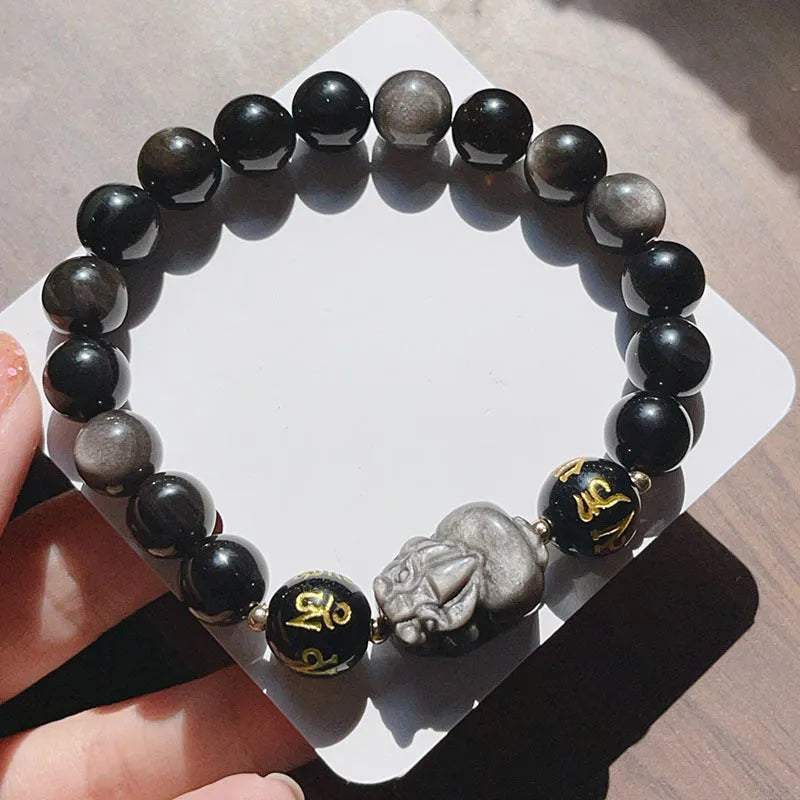 Men's silver bracelet with zodiac symbols and Chinese proverb beads on Silverstone