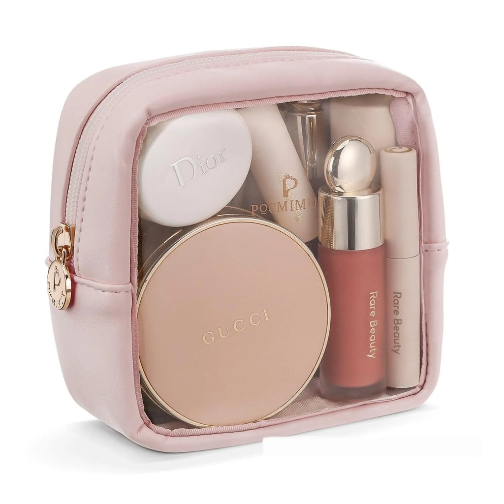 Transparent PVC cosmetic bag with waterproof lining showing dry wet separation compartments