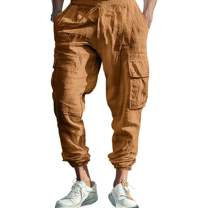 Men's casual linen trousers with ankle-tied cuffs and multi-pocket design in solid colour