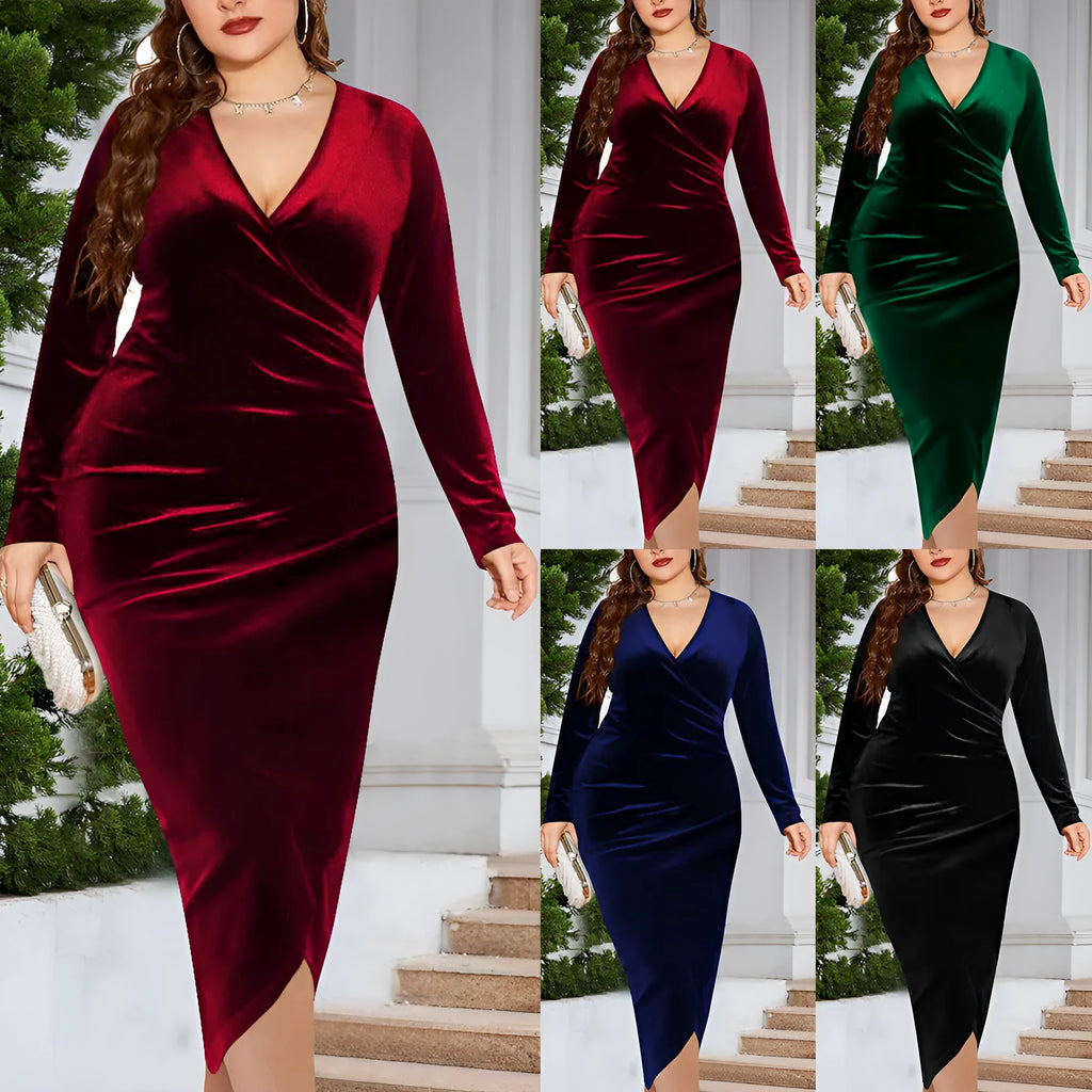 Women's red V-neck long sleeve dress shown on a model, plus size inclusive.