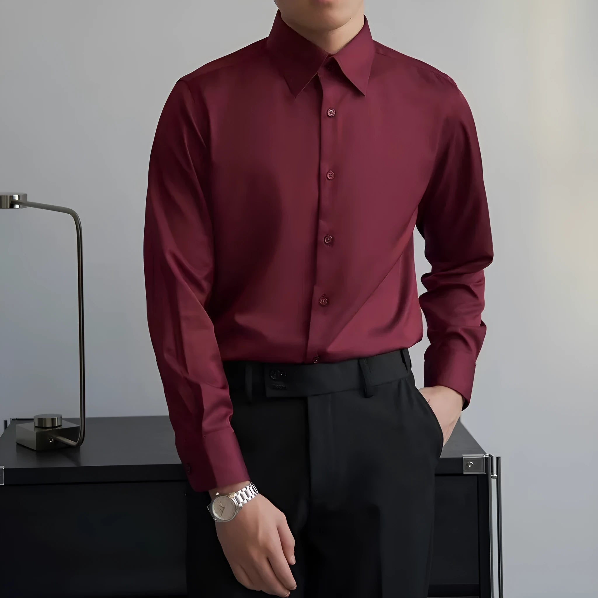 Men's black Korean style slim fit long sleeve shirt with a loose cardigan cut.