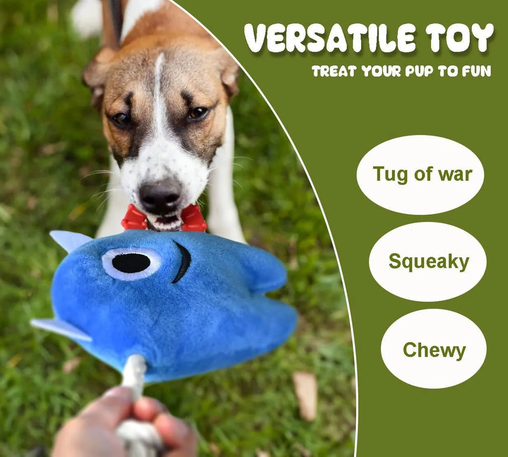 Blue and green monster design plush dog toy with integrated cotton rope tug handles and squeaker inside.