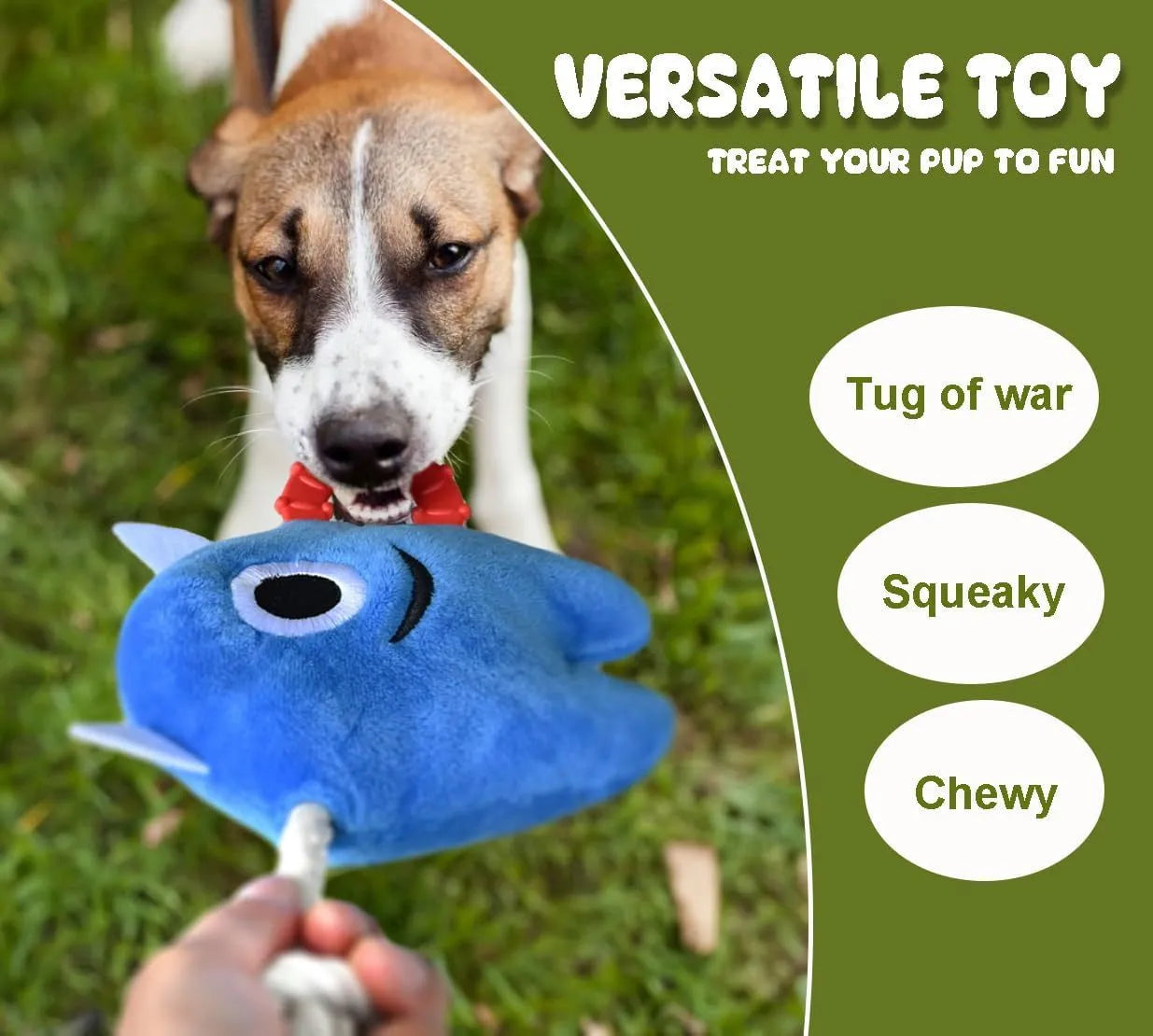 Blue and green monster design plush dog toy with integrated cotton rope tug handles and squeaker inside.