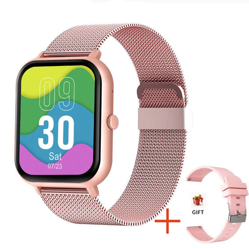 ZL54C smart watch with AMOLED screen showing health stats, available with black, pink, or silver Milan steel strap.