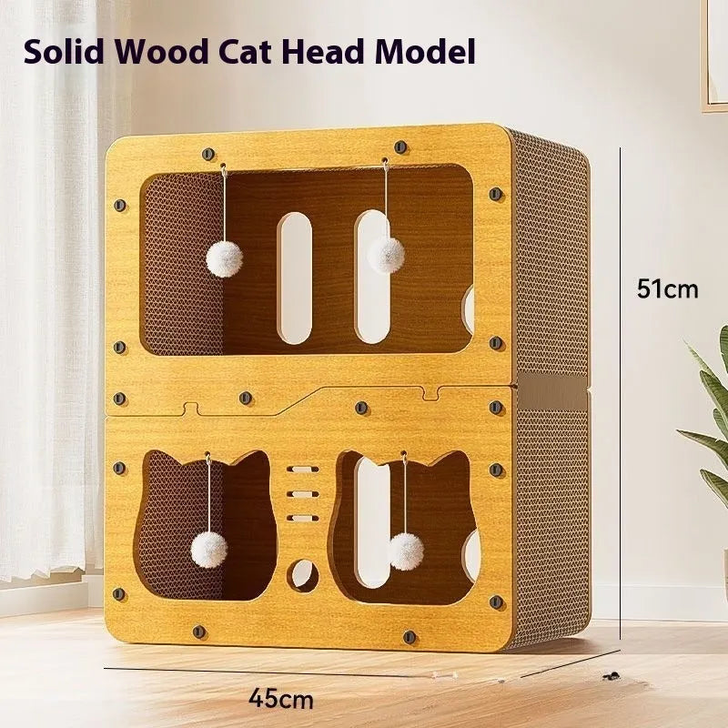Double layer cat scratching board with integrated cat nest in various styles including owl and cat head designs