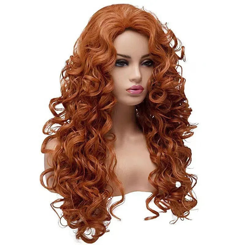 Brown long wavy curly synthetic cosplay wig on a model, showing exotic style.