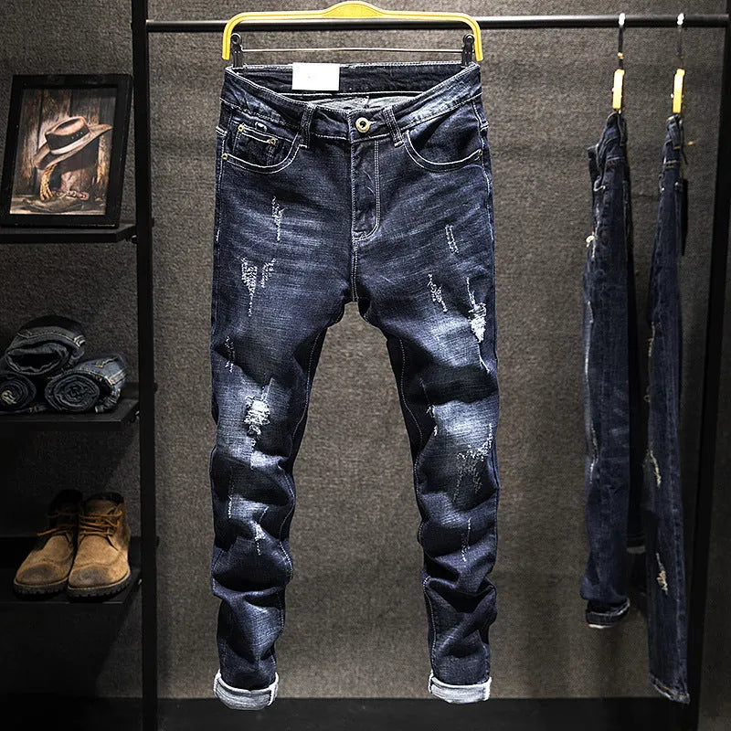 Men's slim-fitting skinny jeans in dark blue denim with micro elasticity fabric