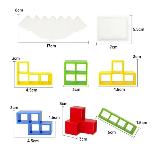 Plastic balance stacking game with 16 coloured building blocks on chassis