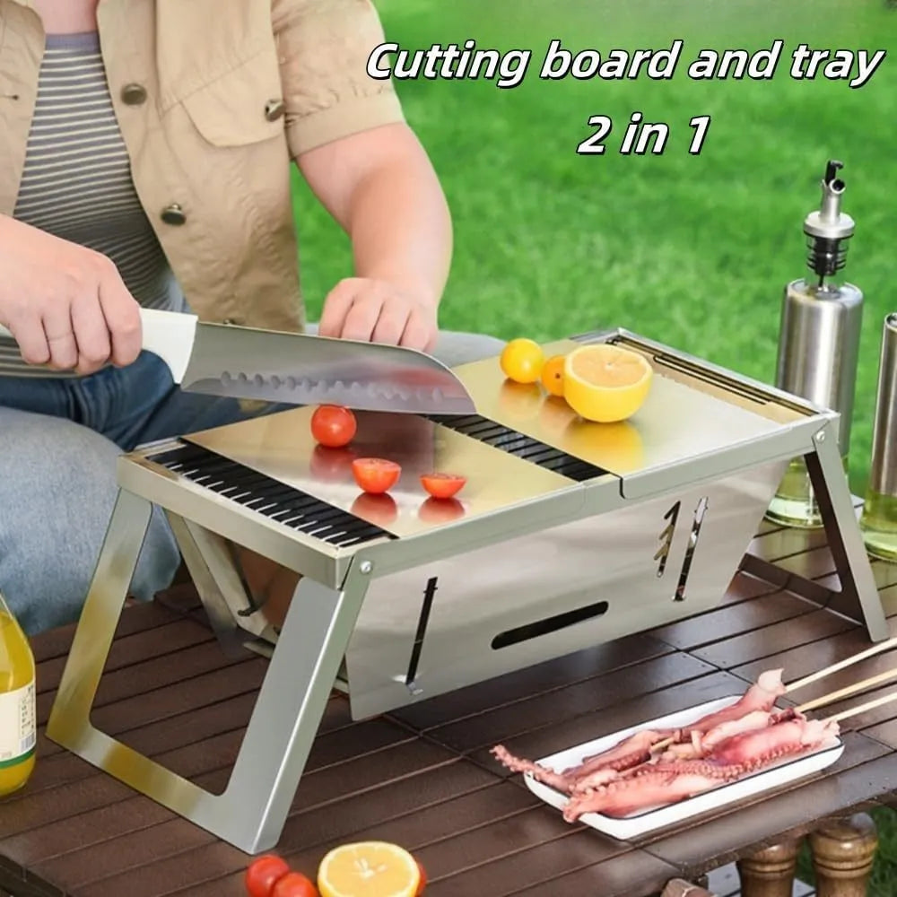 Small metal foldable portable charcoal grill for outdoor camping and picnics