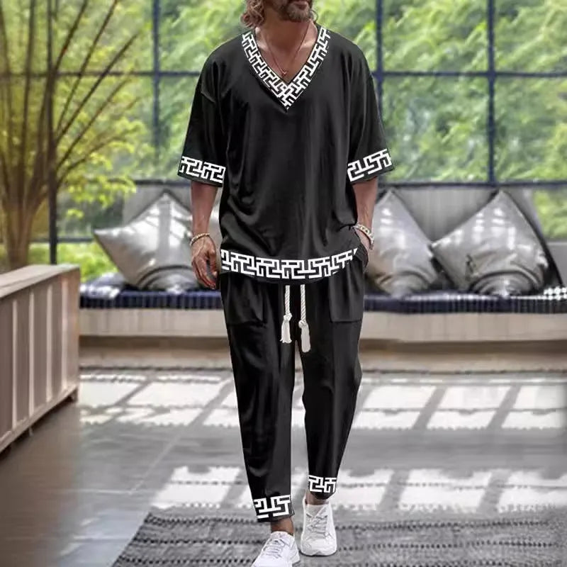 Cropped sleeve V-neck jacket and matching trousers suit set in thin polyester fabric