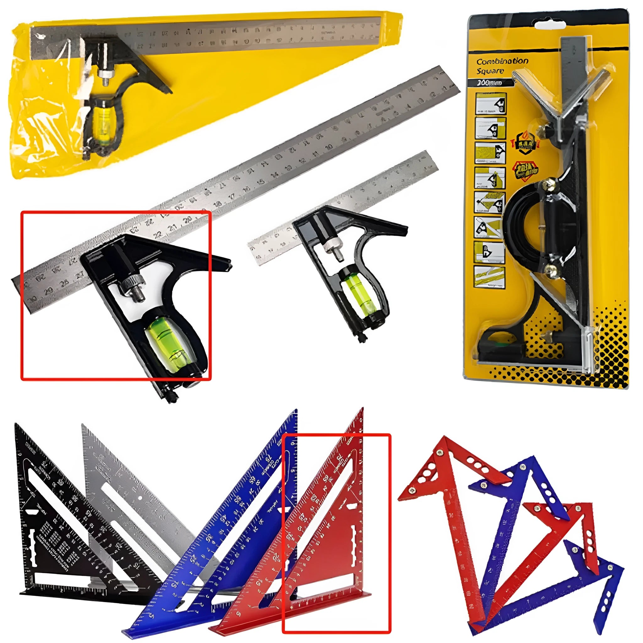 Red 7-inch metal combination angle ruler showing both imperial and metric measurement scales