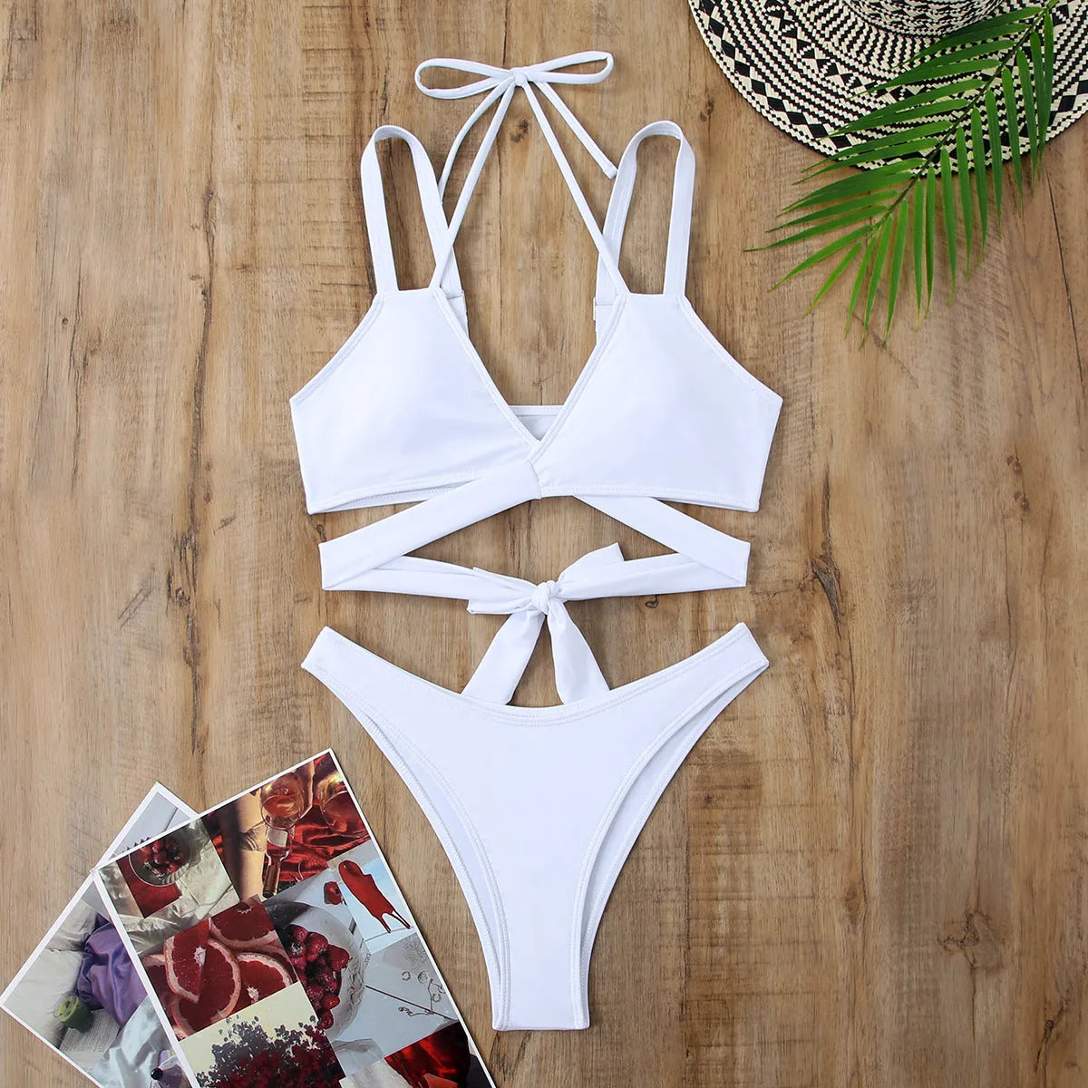 Solid colour strap bikini swimsuit for women shown in black, blue, red, rose red and white colour options