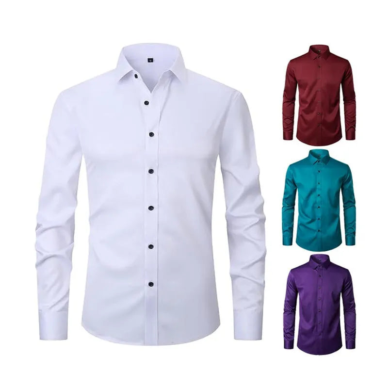Men's stretch long sleeve work shirt in polyester fabric on a hanger