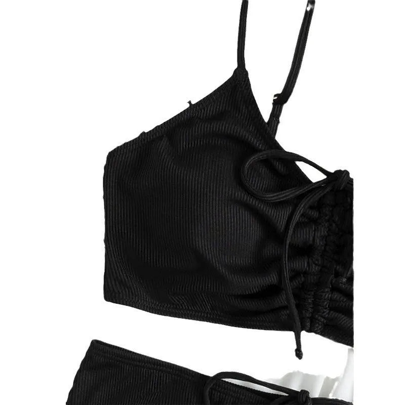 Black women's high waist sling split bikini swimsuit with sleeveless design