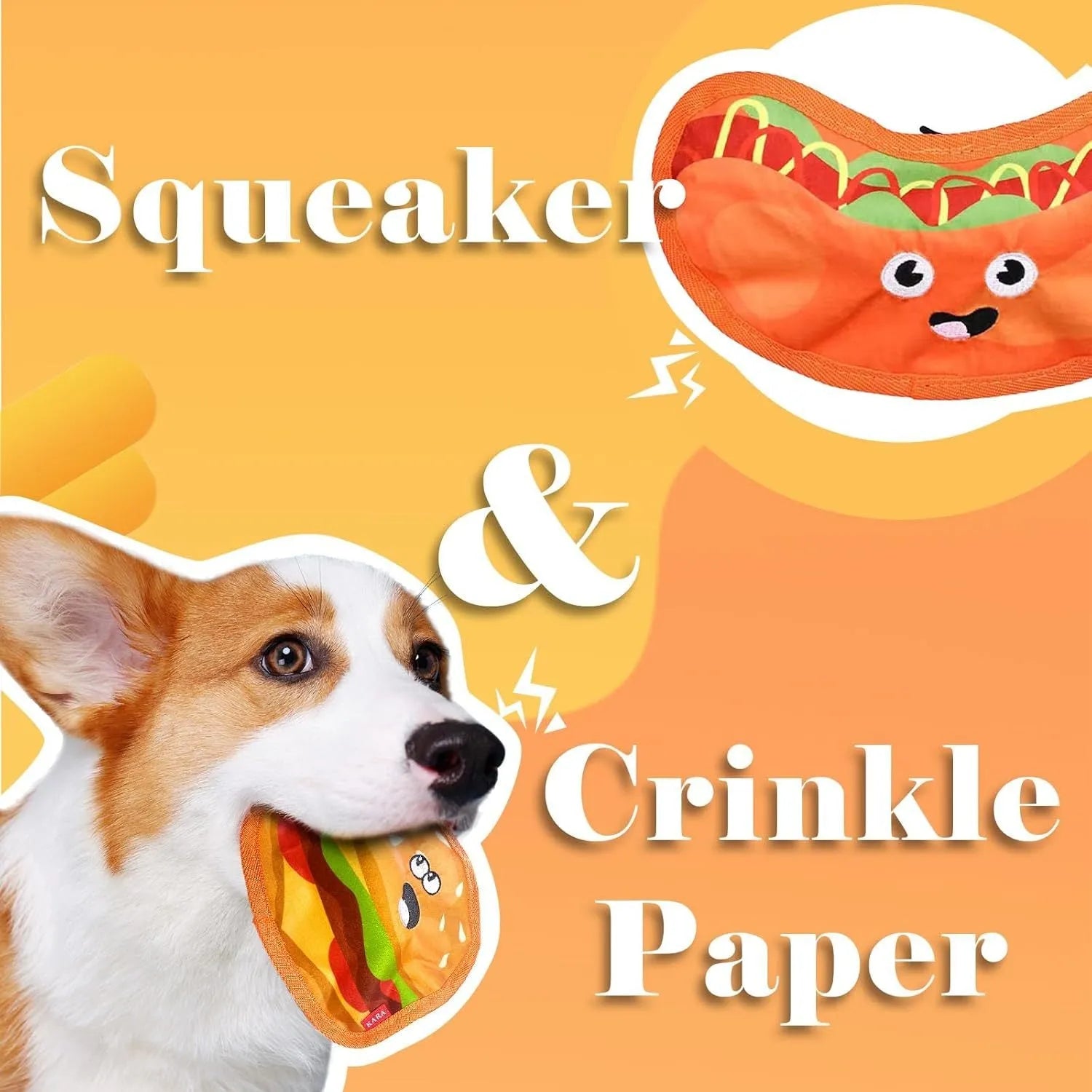Food shaped dog chew toys with crinkle and squeak sounds including hamburger, pizza, hot dog and fries designs