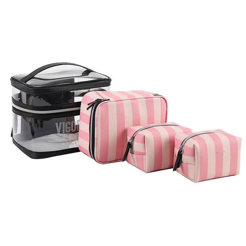 Pink bold stripes floral pattern folding makeup bag kit with synthetic leather waterproof case