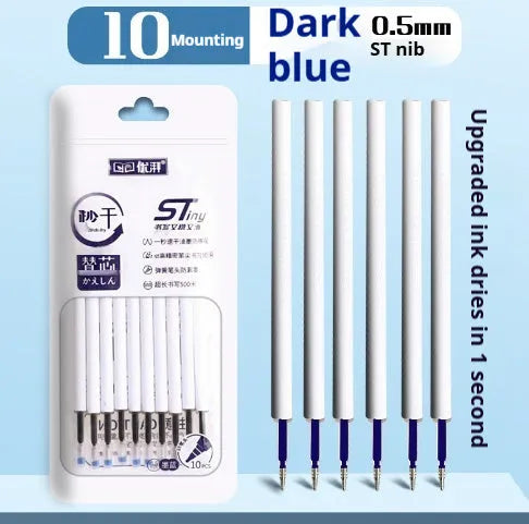 Pack of 10 quick-dry bullet pen refills in black, blue, red, and ink blue colours.