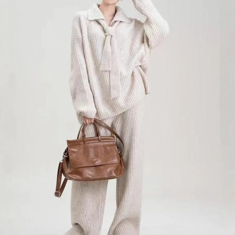 Women's sweater suit two-piece set with long-sleeve top and trousers in imitation cashmere fabric