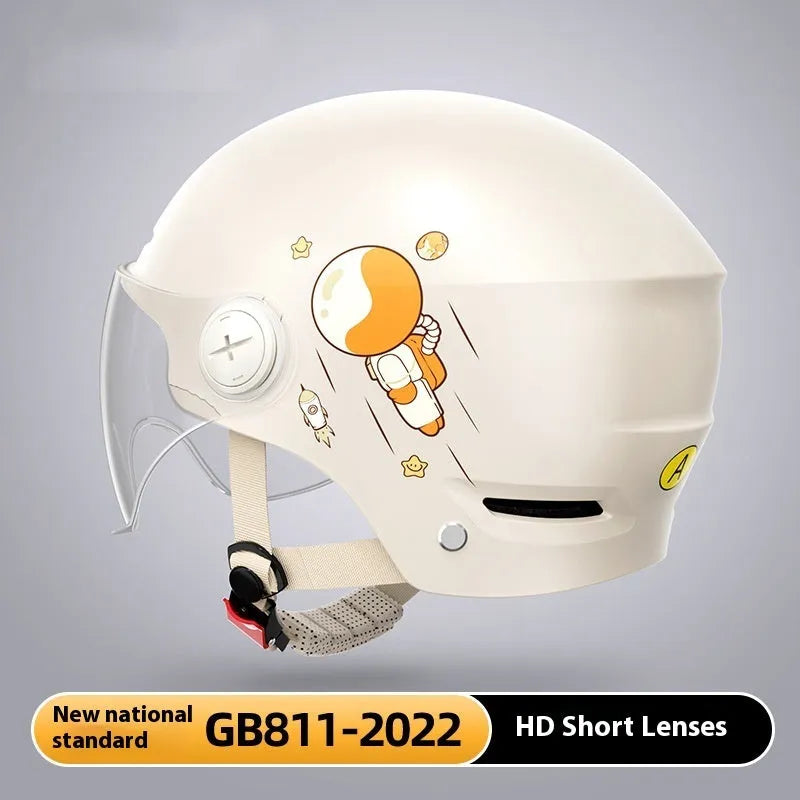 Khaki electric motorcycle half helmet with HD mirror lens on white background
