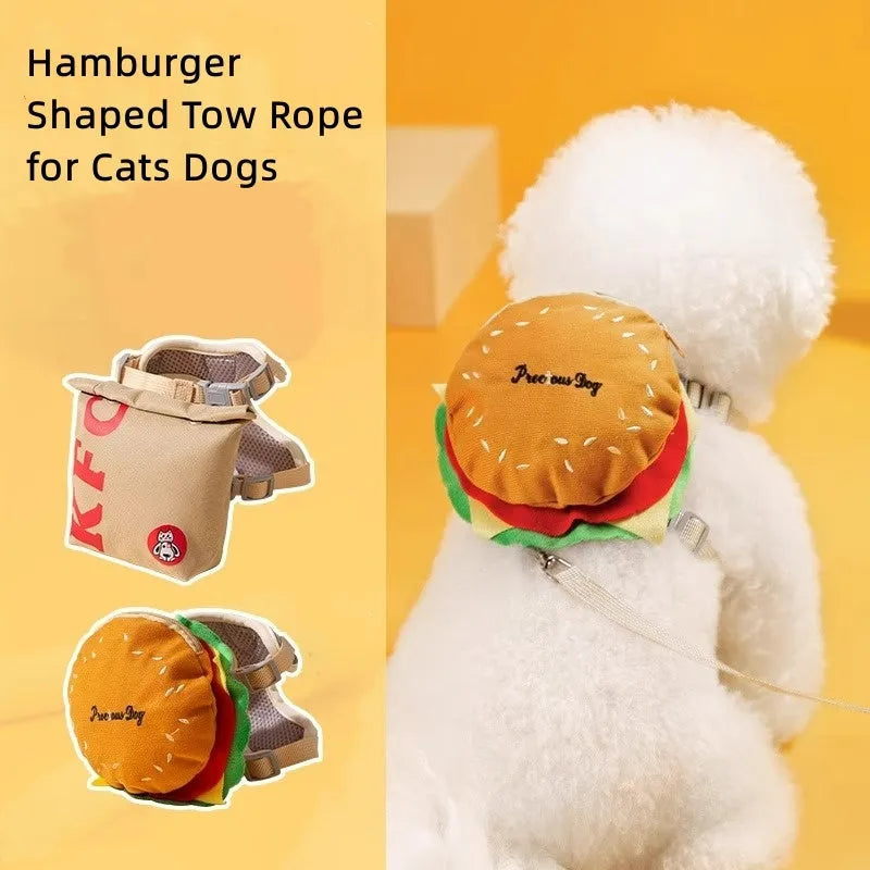 Cartoon hamburger print adjustable vest leash harness for a dog, connected to a walking rope.